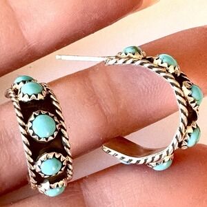 Navajo Turquoise Hoop Earrings .75 in‎ 925 Sterling Silver Native American New